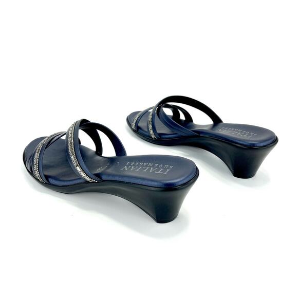 ITALIAN SHOEMAKERS NAVY BLUE RHINESTONE EMBELLISHED SLIDE-IN WEDGE STRAPY SANDAL - Picture 2 of 15
